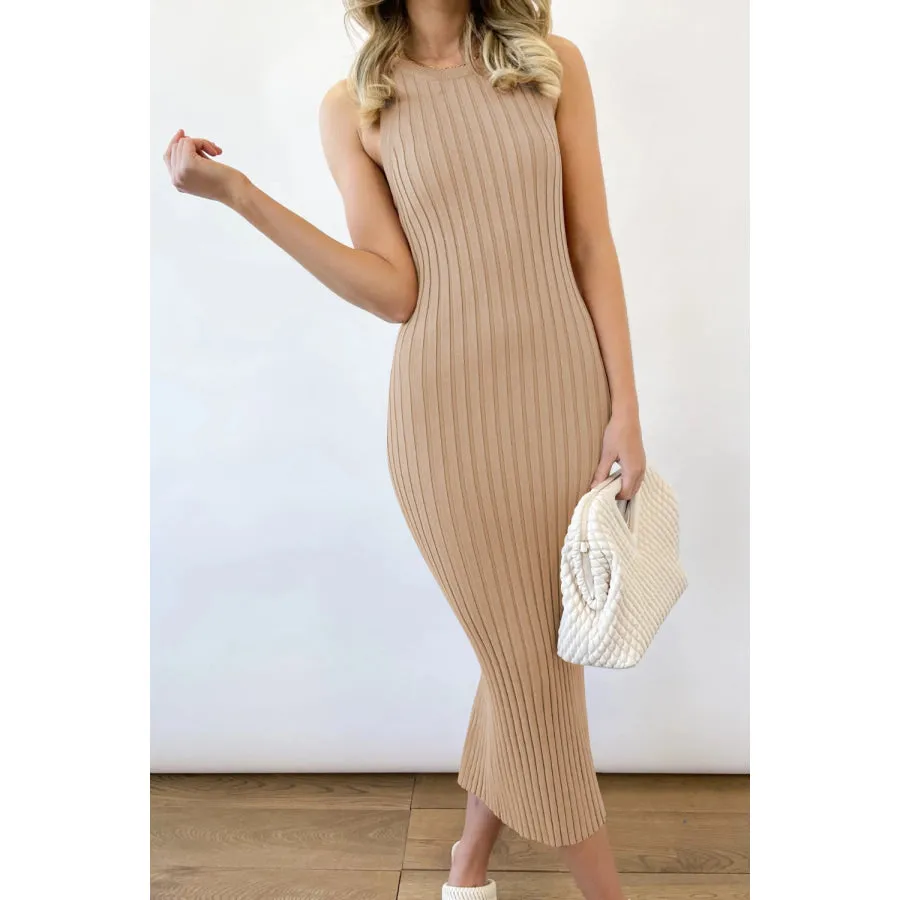 Slit Ribbed Round Neck Sleeveless Dress