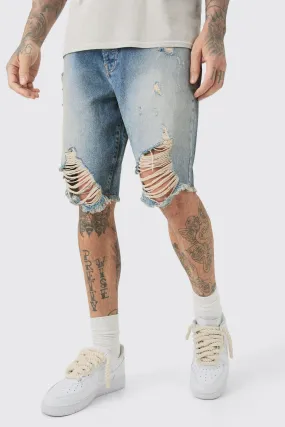 Tall Relaxed Rigid Long Length Ripped Denim Shorts In Ice Blue | boohooMAN UK