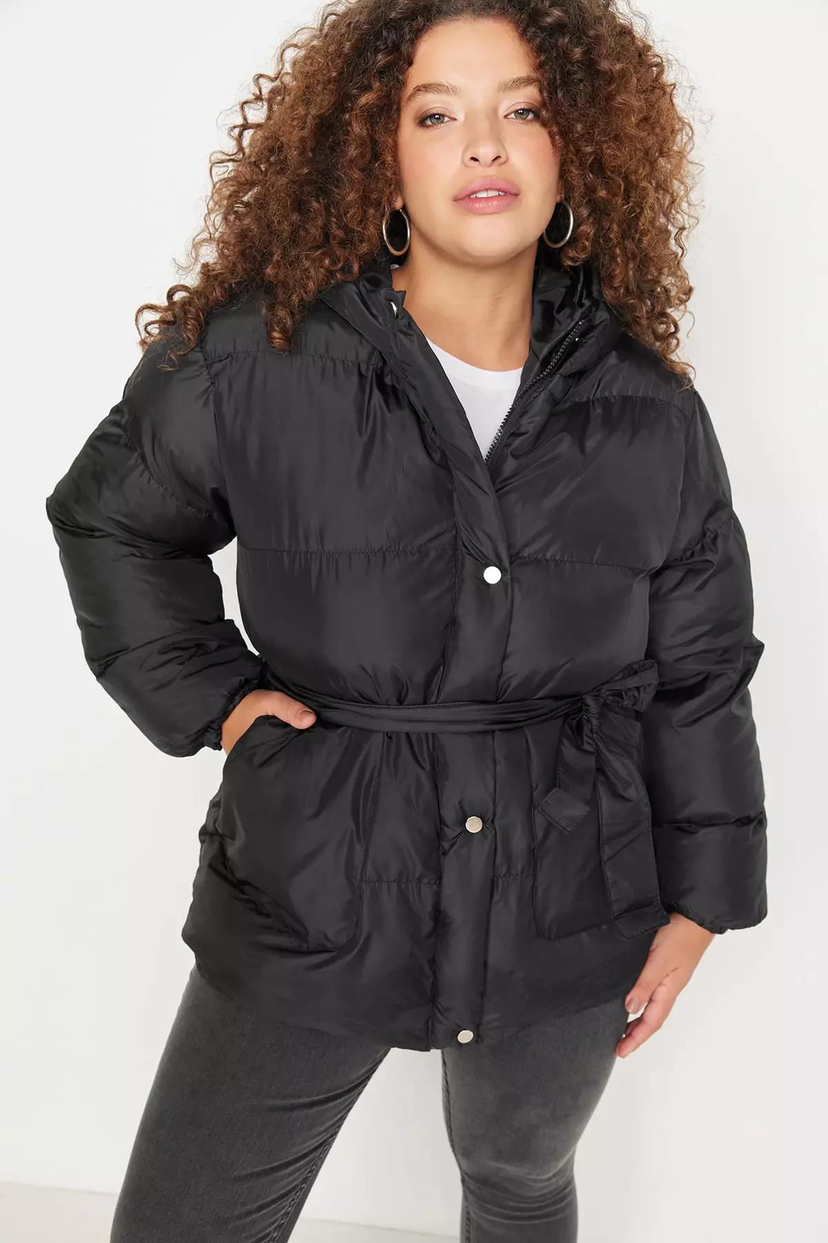 Trendyol Plus Size Black Belted Inflatable Coat