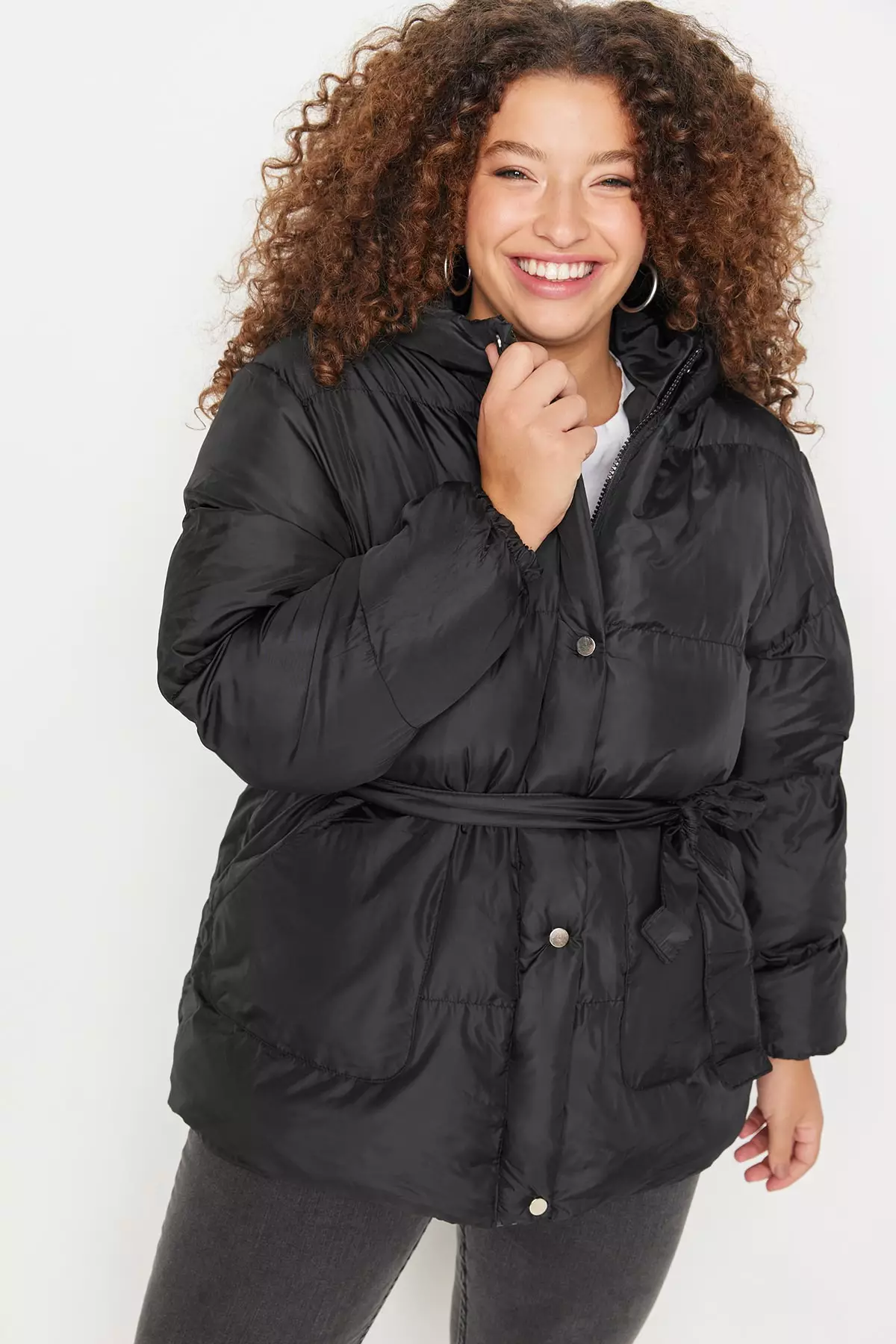 Trendyol Plus Size Black Belted Inflatable Coat