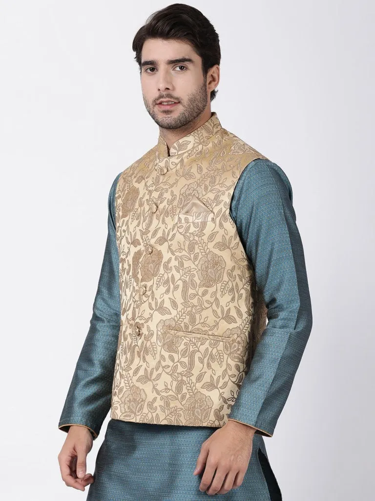 VASTRAMAY Men's Beige Cotton Silk Blend Ethnic Jacket