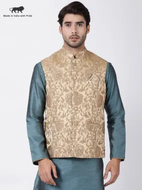 VASTRAMAY Men's Beige Cotton Silk Blend Ethnic Jacket