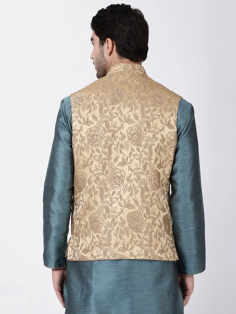 VASTRAMAY Men's Beige Cotton Silk Blend Ethnic Jacket