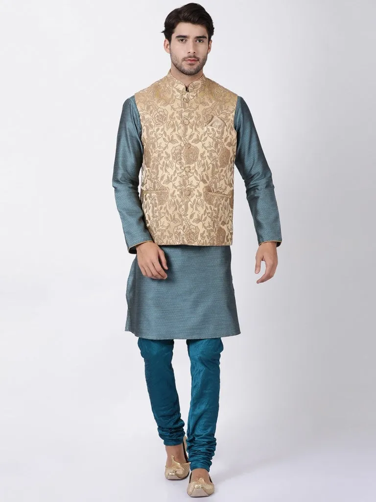 VASTRAMAY Men's Beige Cotton Silk Blend Ethnic Jacket