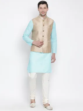 VASTRAMAY Men's Light Blue Cotton Blend Kurta, Ethnic Jacket and Pyjama Set