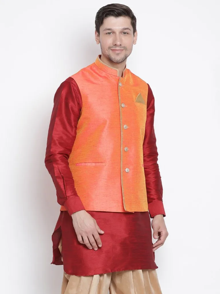 VASTRAMAY Men's Orange Cotton Silk Blend Ethnic Jacket