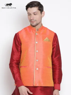 VASTRAMAY Men's Orange Cotton Silk Blend Ethnic Jacket