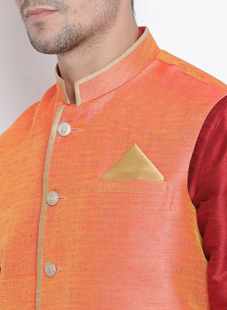 VASTRAMAY Men's Orange Cotton Silk Blend Ethnic Jacket