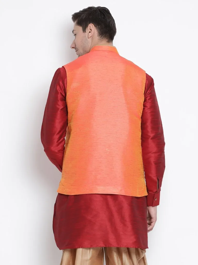 VASTRAMAY Men's Orange Cotton Silk Blend Ethnic Jacket