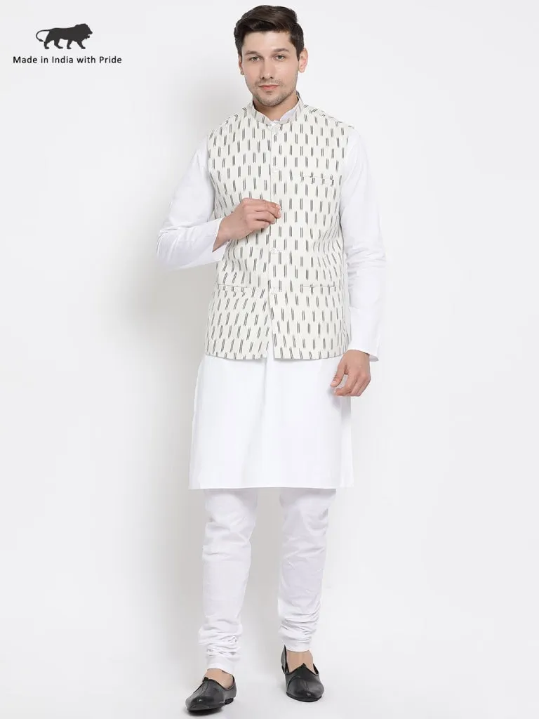 VASTRAMAY Men's White Cotton Kurta, Ethnic Jacket and Pyjama Set