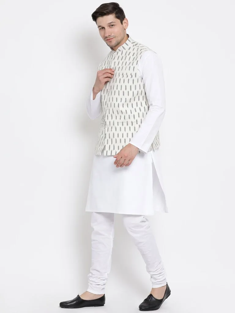 VASTRAMAY Men's White Cotton Kurta, Ethnic Jacket and Pyjama Set