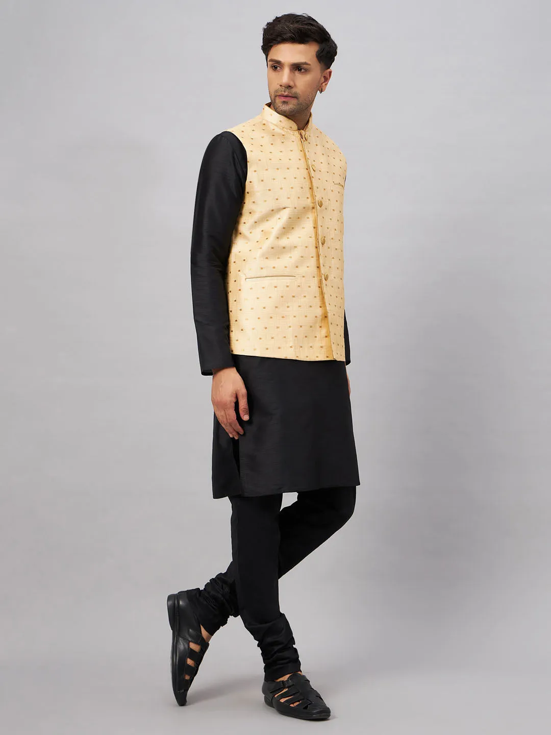 VM By VASTRAMAY Men's Gold Zari Weaved Jacket With Kurta Pyjama Set