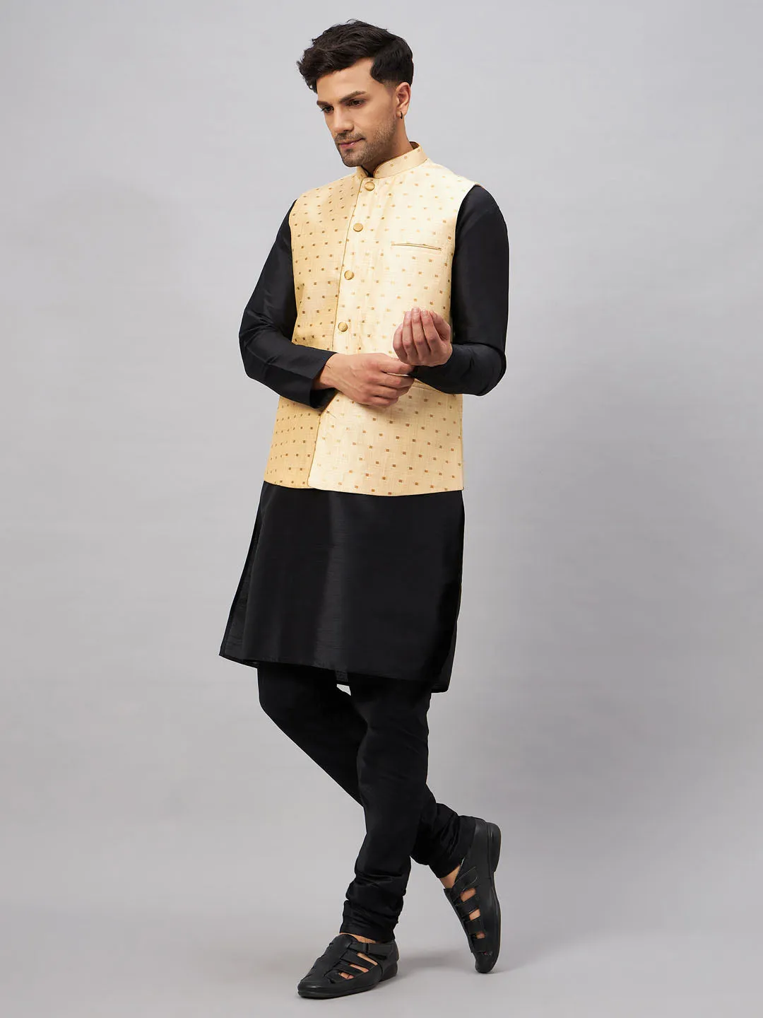 VM By VASTRAMAY Men's Gold Zari Weaved Jacket With Kurta Pyjama Set