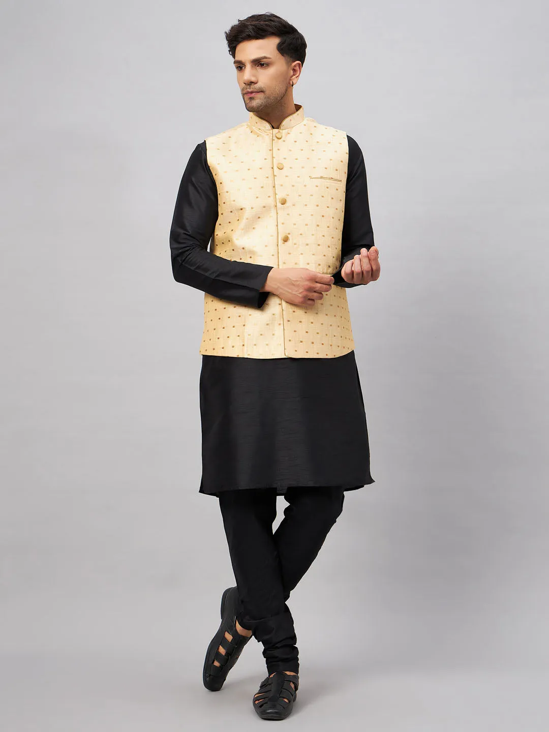 VM By VASTRAMAY Men's Gold Zari Weaved Jacket With Kurta Pyjama Set