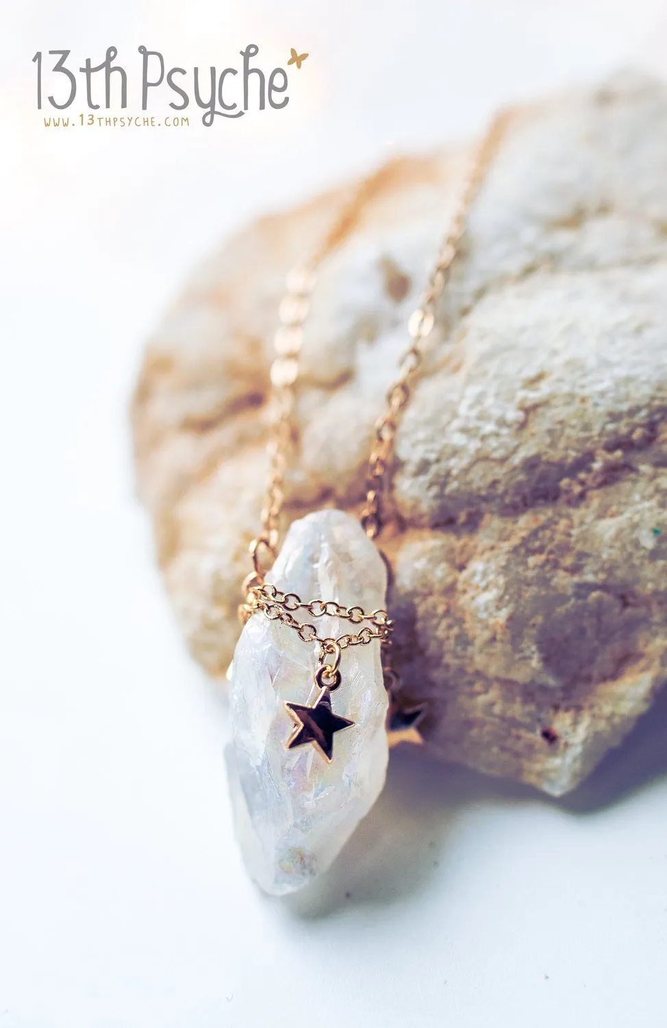 White raw quartz crystal necklace with gold stars