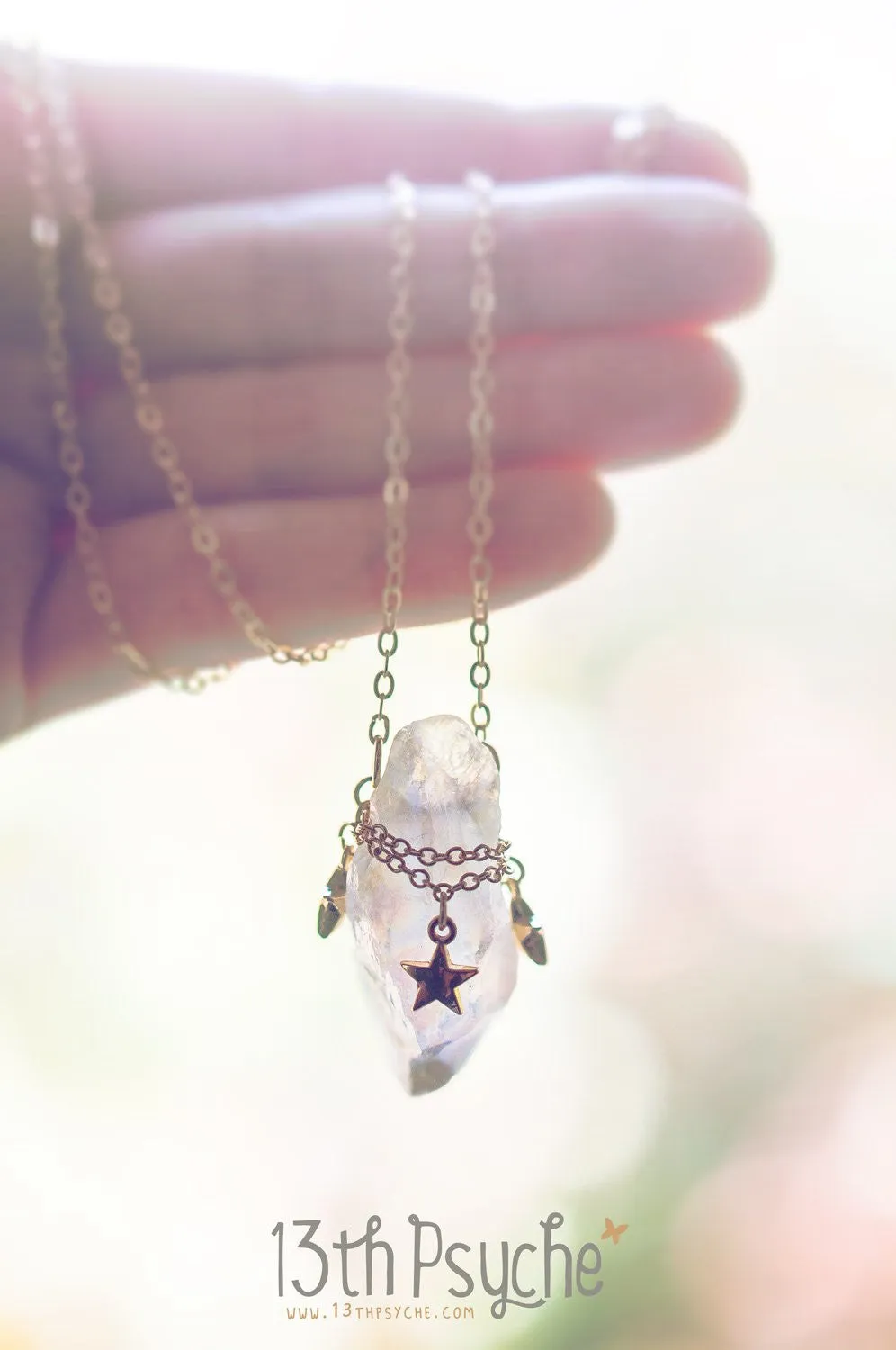 White raw quartz crystal necklace with gold stars