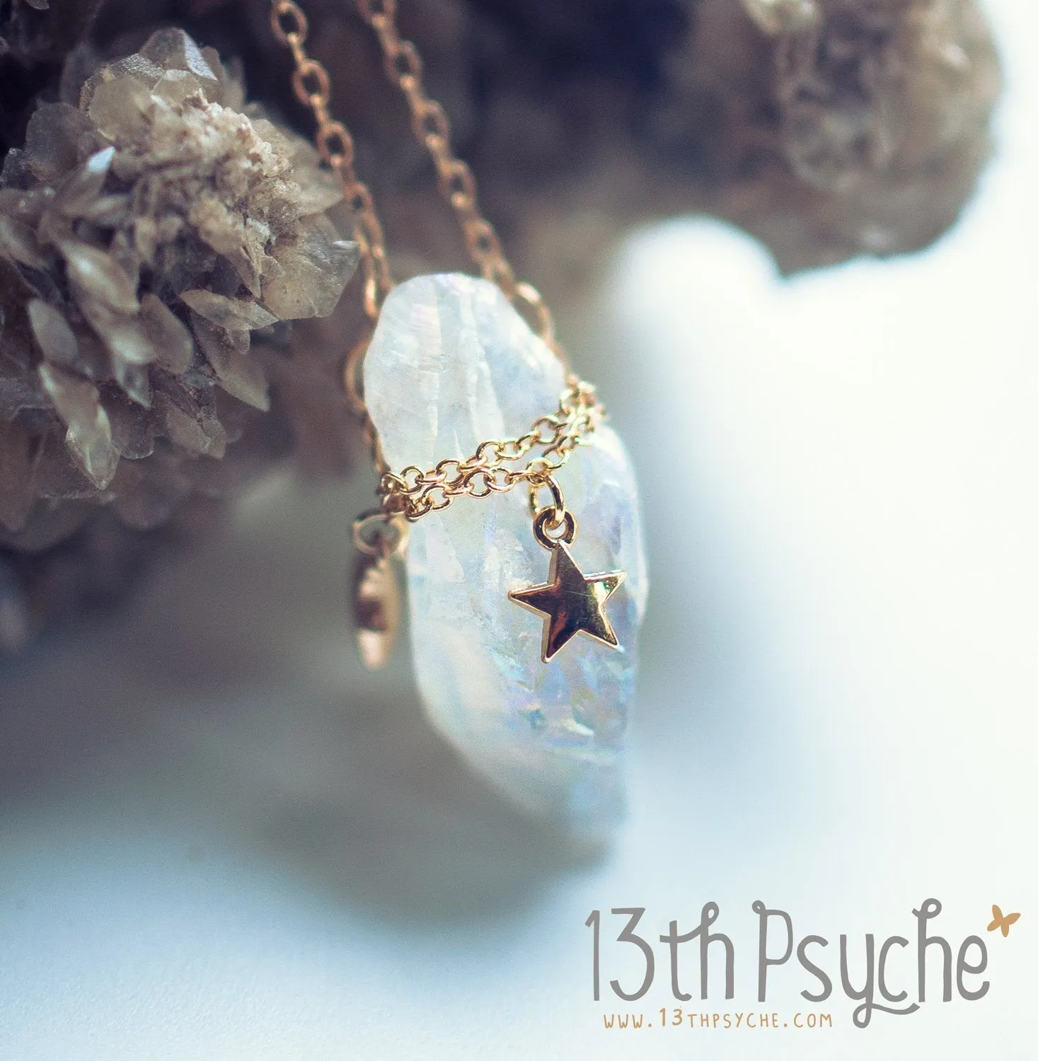 White raw quartz crystal necklace with gold stars