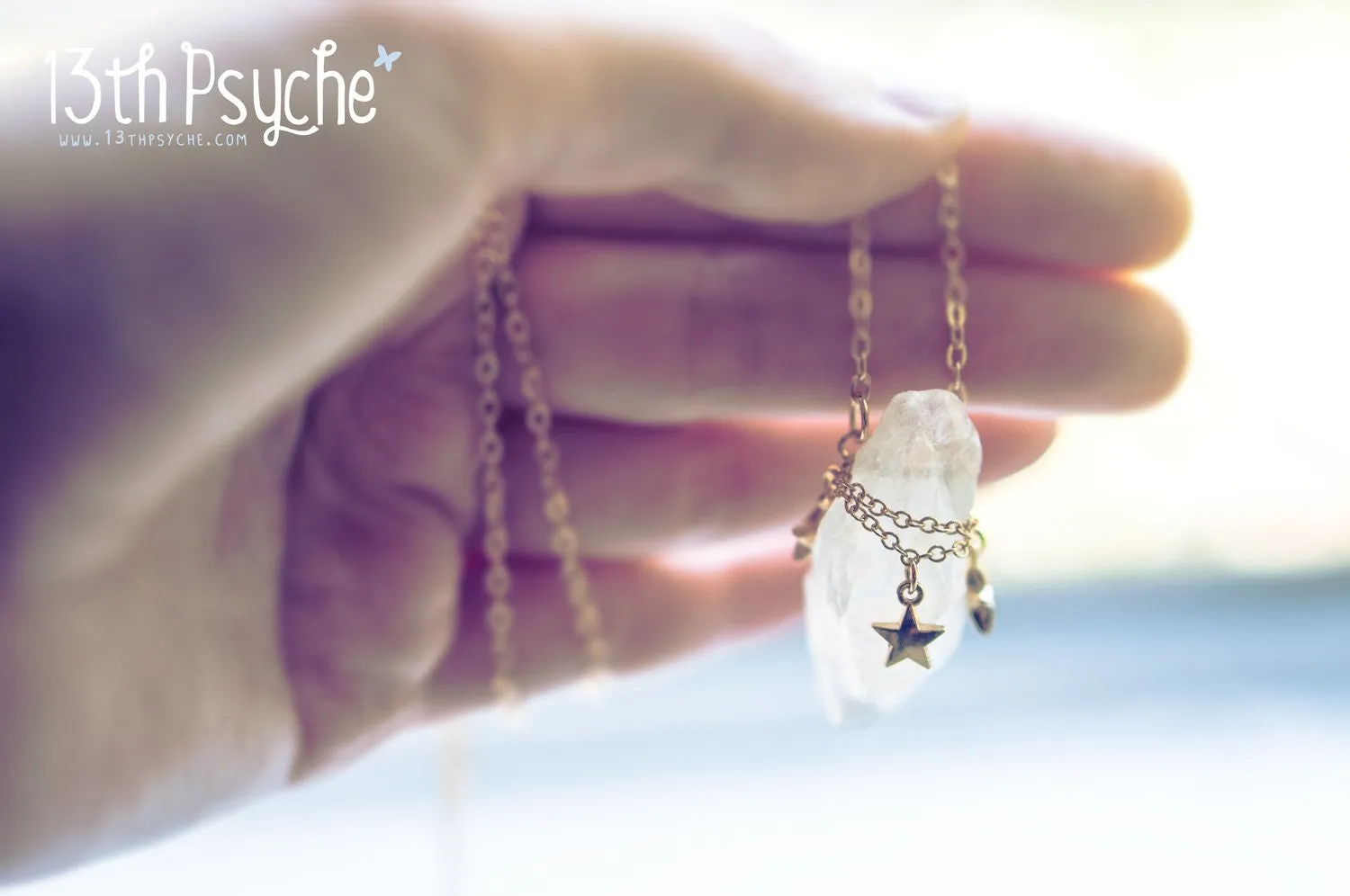 White raw quartz crystal necklace with gold stars