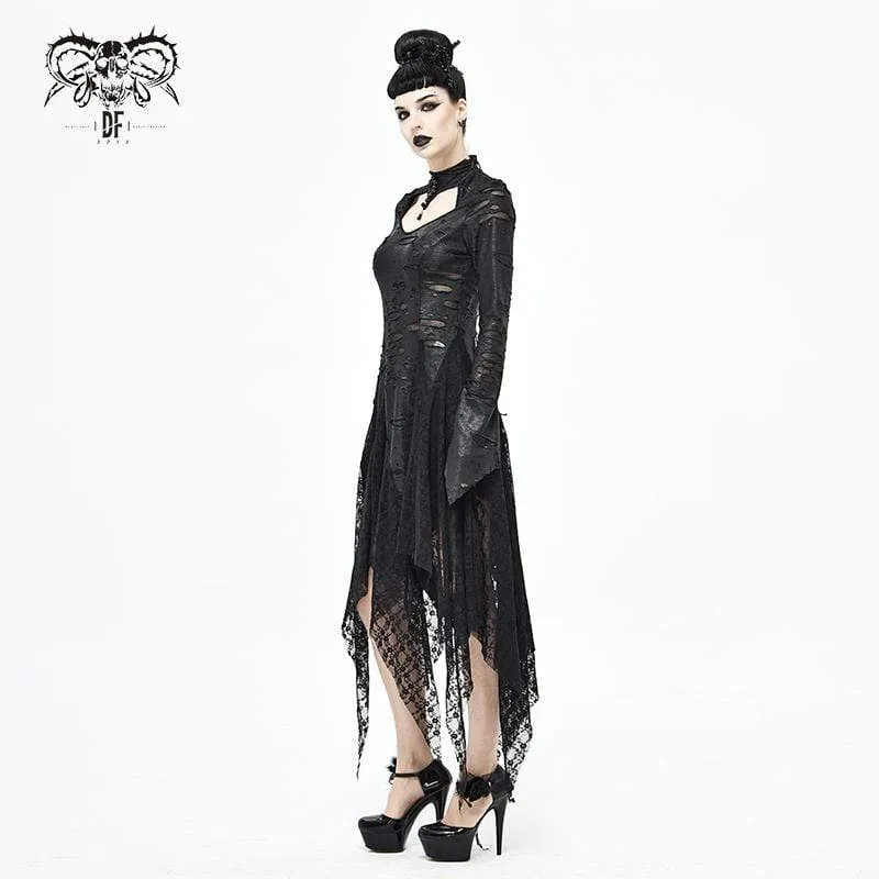 Women's Gothic Strappy Ripped Splice Black Dress