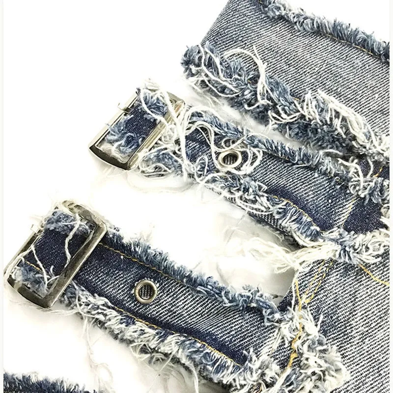 Women's Sexy Denim Bandage Ripped Hollow Out High Waist Jeans Shorts